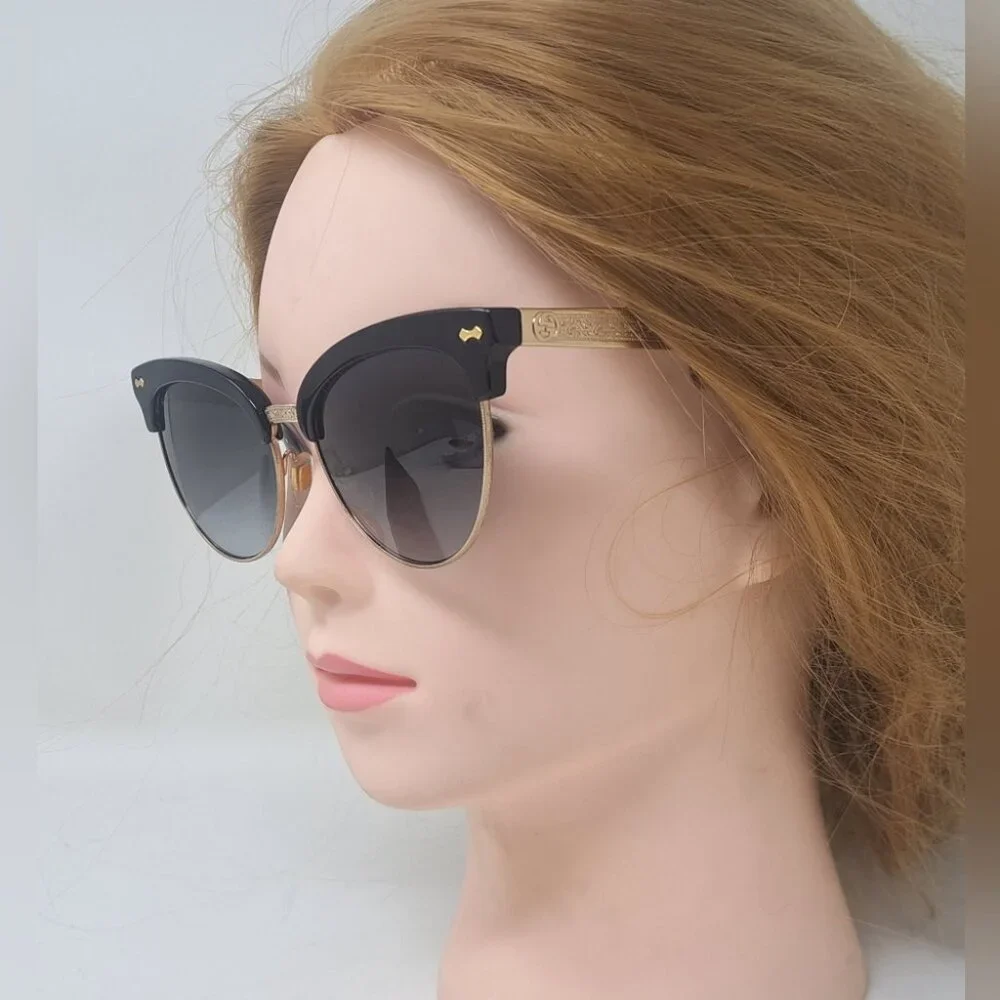 Gucci Womens Damascato Cat Eye Sunglasses Black Gold Half Rim GG4283/S 55-18-140